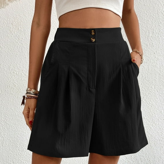 2025 New Shorts for Women Plus Size Casual Solid Shorts Elastic Waisted Button Front with Pocket Breathable Women Shorts Plus Black