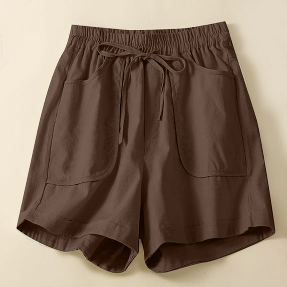 2025 New Shorts for Women Plus Size Casual Solid Shorts Elastic Waisted Tie Front with Pocket Skin-Friendly Women Shorts Plus Coffee