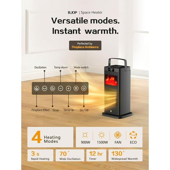 2025 New Space , ETL &  Portable Space Heaters with Fireplace Flame Effect 1500W Oscillating Electric PTC Ceramic ECO Mode Temp Control  for Indoor Use,Bedroom,Office,Desk,Garage
