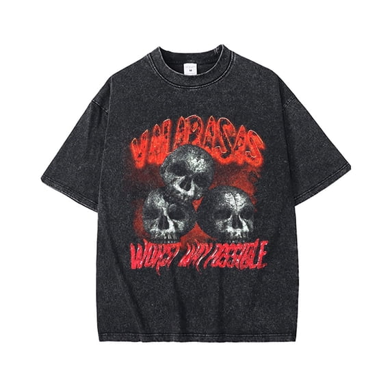 2025 New Summer Old Skull Print Short-sleeved Men's Street Fashionable Washed T-shirt