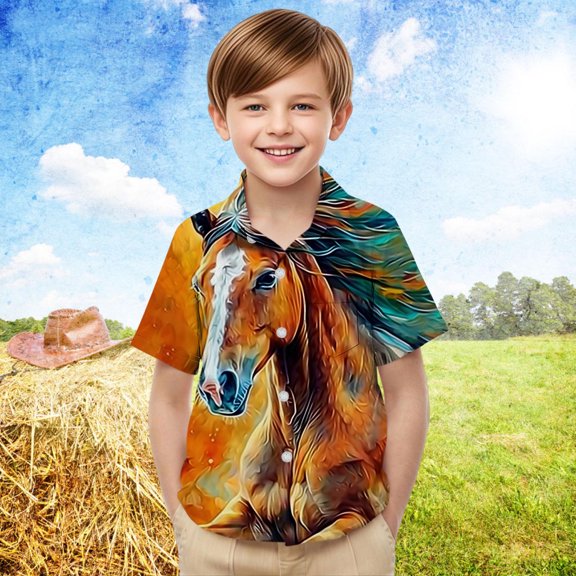 2025 New Summer Tops for Girls Toddler Kids Boys Girl Fashion Horse Print Short Sleeves Casual Uniform Shirt with Pocket Graphic Tees Boys