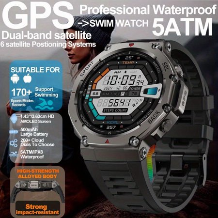 2025 New T-Rex 3 Black Tortoise 48mm GPS Sports Smartwatch - 5ATM Waterproof, Compass, Wireless Call, AI Voice, for iOS & Android, Unisex Gift