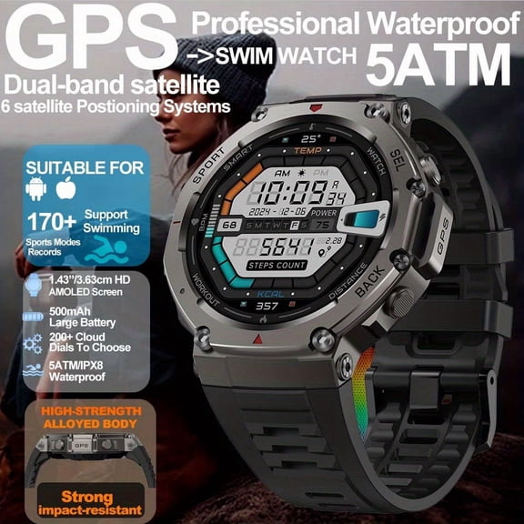 2025 New T-Rex 3 Black Tortoise 48mm GPS Sports Smartwatch - 5ATM Waterproof, Compass, Wireless Call, AI Voice, for iOS & Android, Unisex Gift