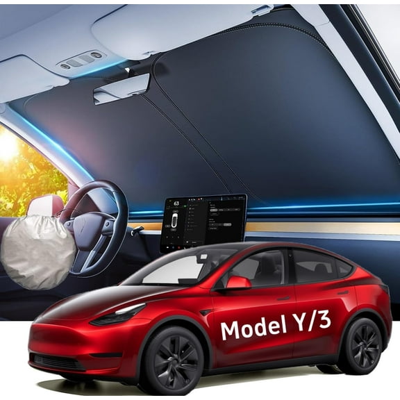 2025 New Tesla Model Y/3 Windshield Sunshade Car Accessories [OEM Design, 100% Sun Blockage] Foldable Front Windows Sun Shade for Tesla Model Y/3 2016-2024, 300D Oxford Silver Coating