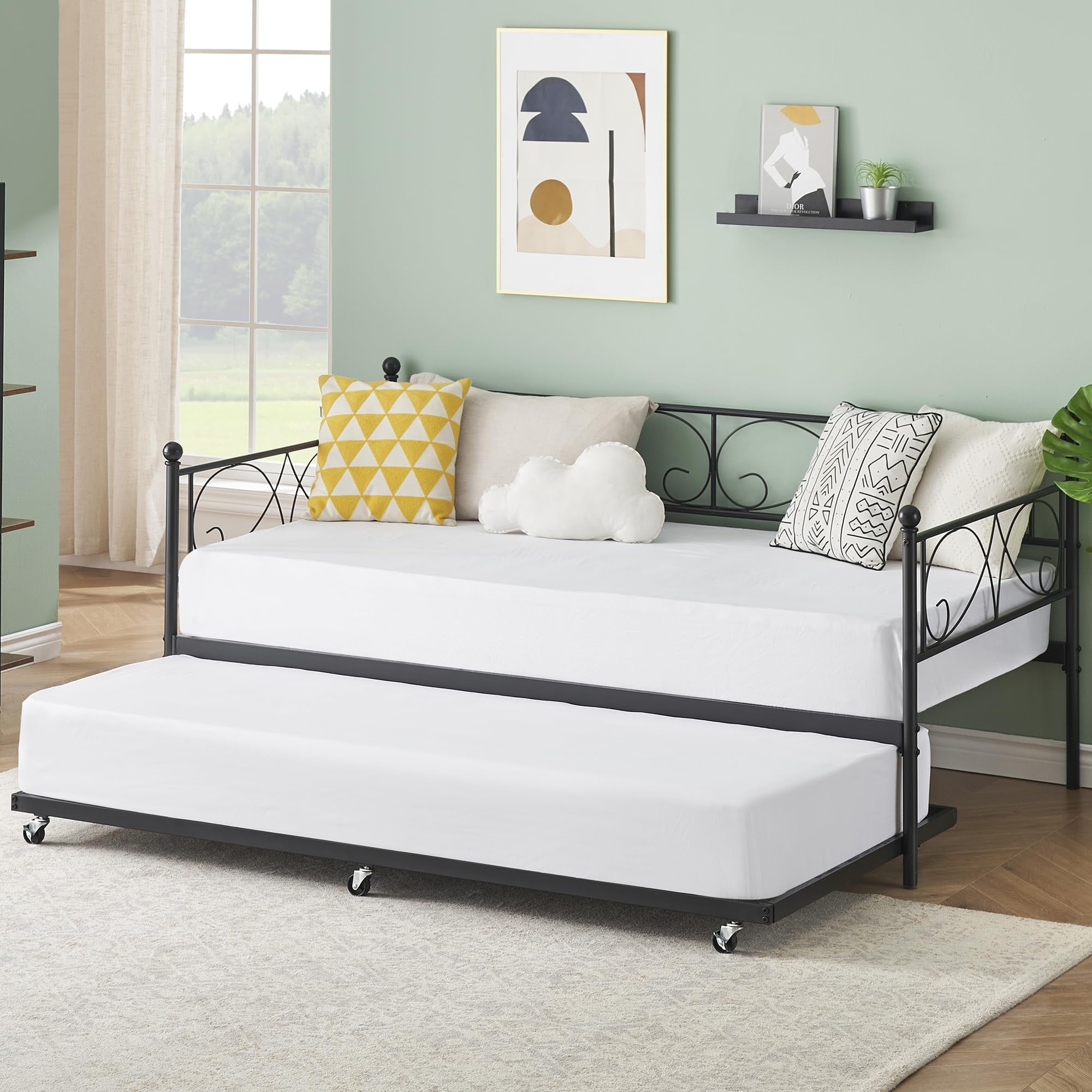 Black Metal Twin Daybed with Trundle and Floral Headboard