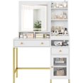 thumbnail image 1 of 2025 New Vanity Desk with Mirror and Lights in 3 Modes, Makeup Vanity Table with 2 Drawers, 1 Cabinet, Power Outlet and Open Storage Compartments for Bedroom & Dressing Room, 1 of 6