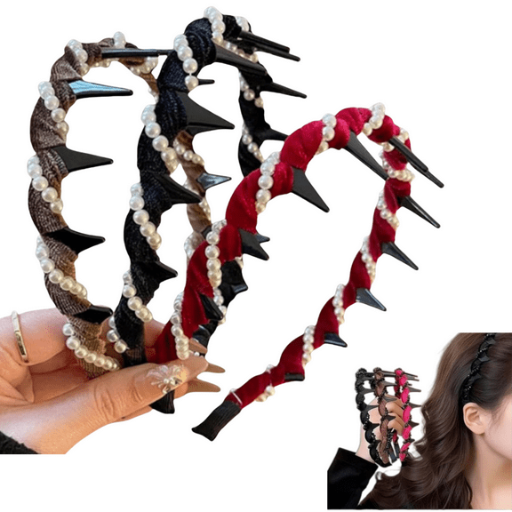 2025 New Vintage High Cranium Artificial Pearl Hairband 3 Pack , Elegant Braided Pearls Headbands with Teeth, Anti-slip Decorative Hair Bands Fashion Hair Accessories for Women