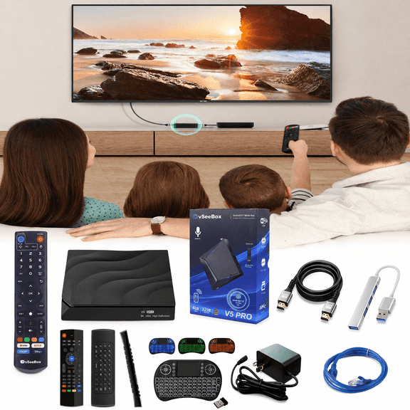 2025 New Vseebox V5 Pro Android TV Box with Voice Remote Control, Backlit Mini Keyboard & 8K HDMI Cable
