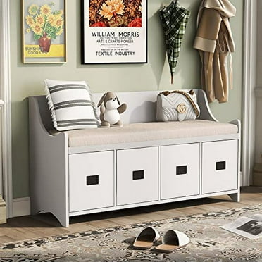 2025 New White Rectangular Movable Cushion Storage Bench with Drawers and Backrest Shoe Bench - Unique Design, Multi-Purpose, Reliable Workmanship, Large Storage Space
