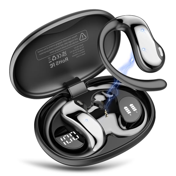 Open Ear Earbuds, Bluetooth 5.4 Wireless Earbuds with Ear Hooks, 60Hrs Playtime Bluetooth Headphones, HD Stereo Bass Over Ear Earphones, IP8 Waterproof Ear Buds for Workout/Running, Black