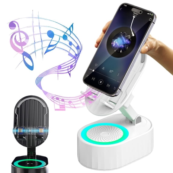 2025 New Wireless Induction Audio Bluetooth Speaker, 5 in1 Phone Holder Bluetooth Audio Power Bank Bracket with Anti-Slip Base, 300°Rotating Folding Lifting Charging Treasure Holder (Black)