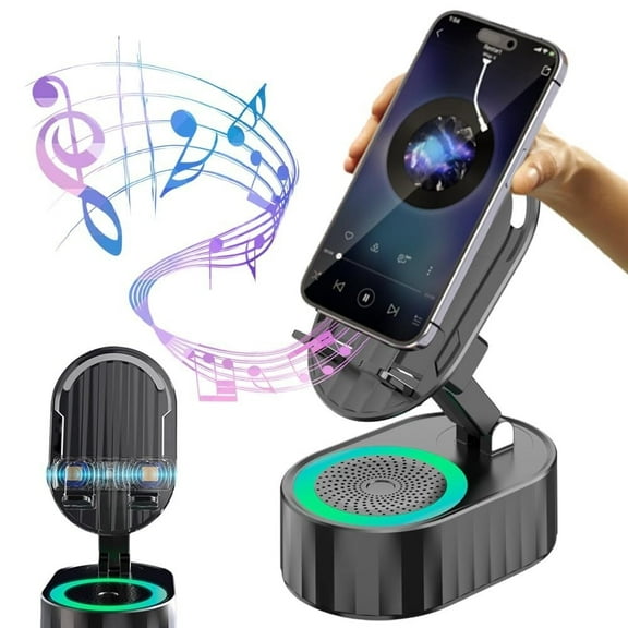 2025 New Wireless Induction Audio Bluetooth Speaker, 5 in1 Phone Holder Bluetooth Audio Power Bank Bracket with Anti-Slip Base, 300°Rotating Folding Lifting Charging Treasure Holder (Black)