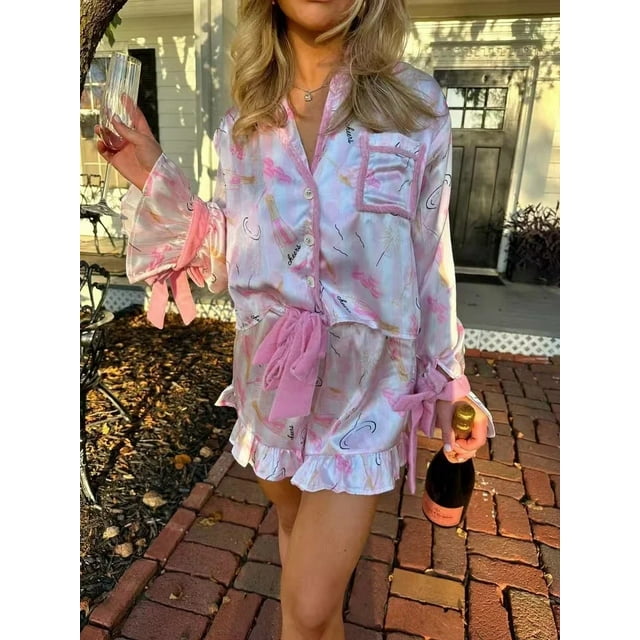 2025 New Women Christmas Pajamas Set Santa Print Bow Tie Long Sleeve