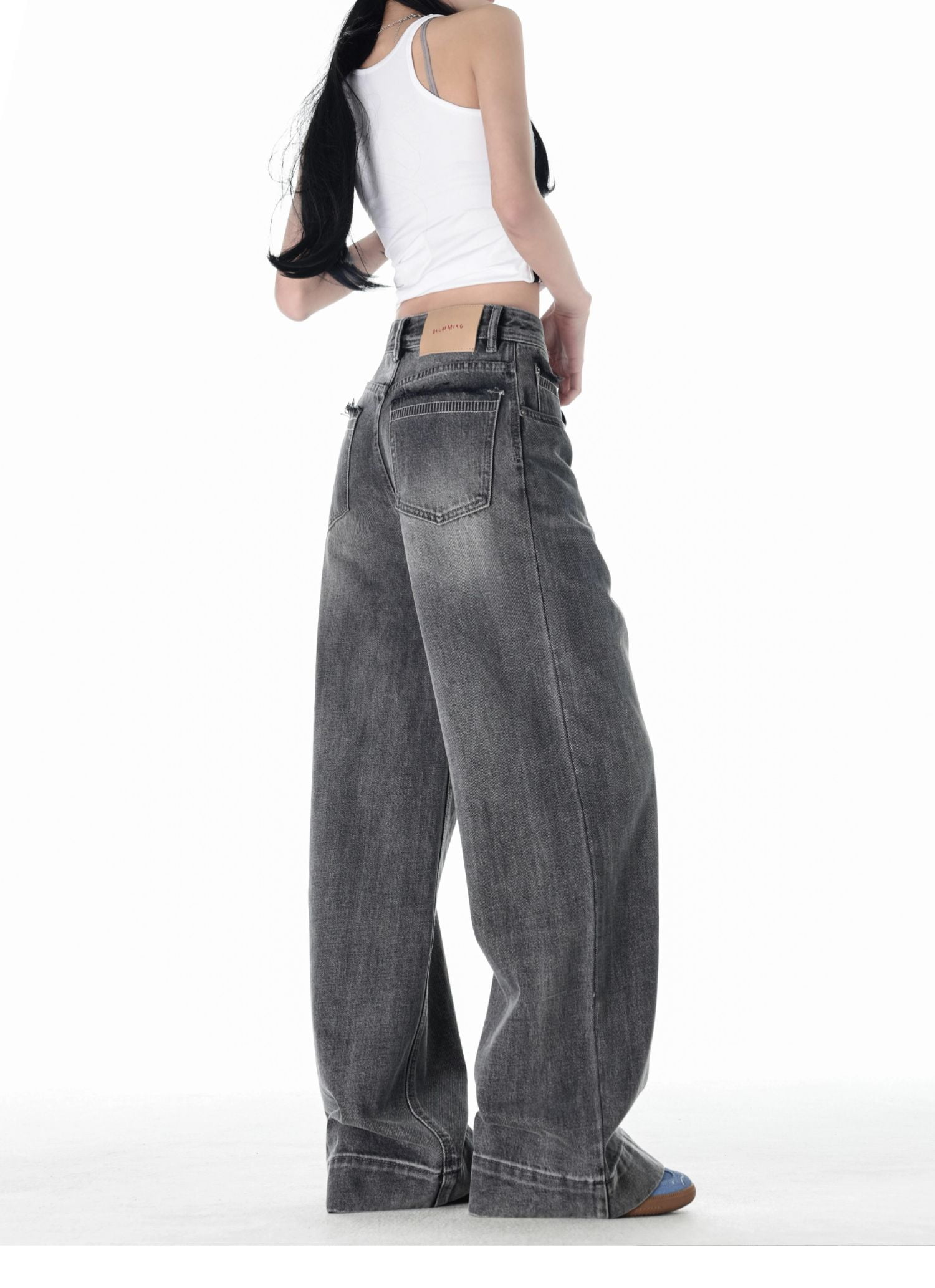 NOBRAND 2025 New Women Grey Wide Leg Jeans High Waisted Distressed Denim Pants Loose Fit Slimming Drape Floor Length Trousers