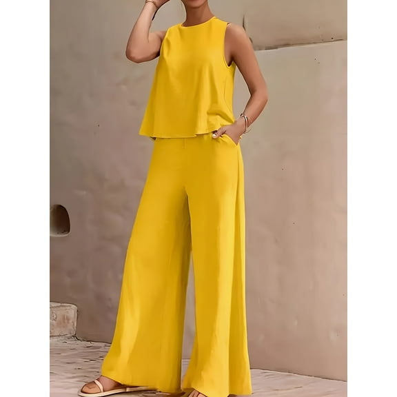 2025 New Women'S Casual Elegant Solid Color Two-piece Pantsuit, Sleeveless Crew Neck Vest And Diagonal Pocket Wide Leg Pants Clothing, Women'S Wear Gift