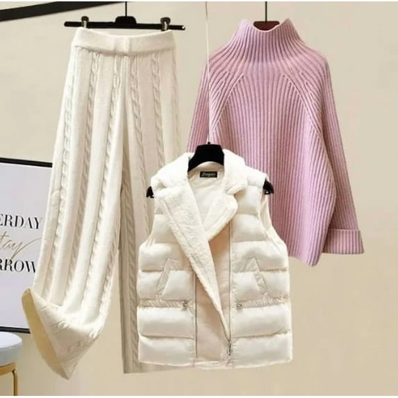 2025 New Women'S Thick Vest High-Neck Knitted Sweater And Wide-Leg Pants Three-Piece Set For Autumn And Winter