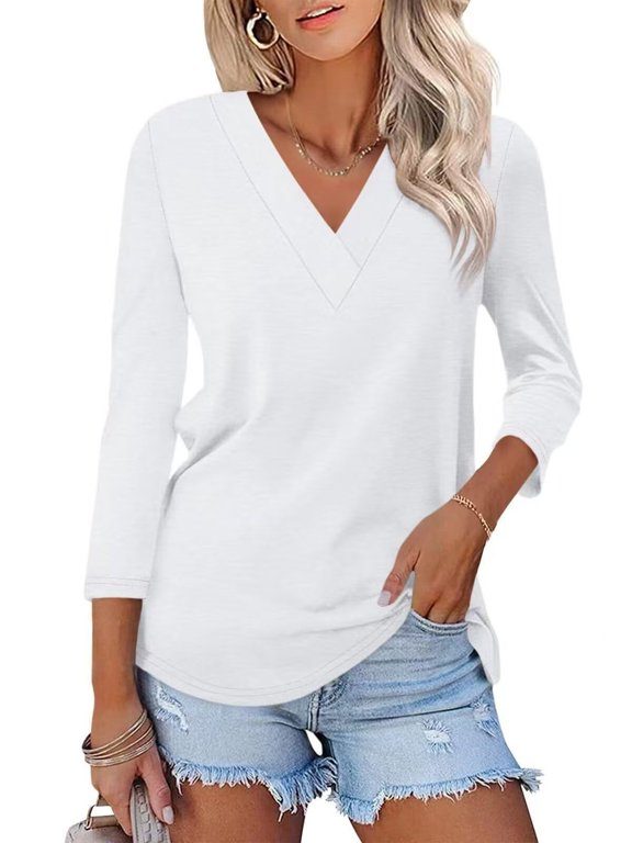 2025 New Women V Neck Shirt Solid Color Fashion Basic Comfort Long Sleeve Tee Top Blouse Womens Long Sleeve Tops
