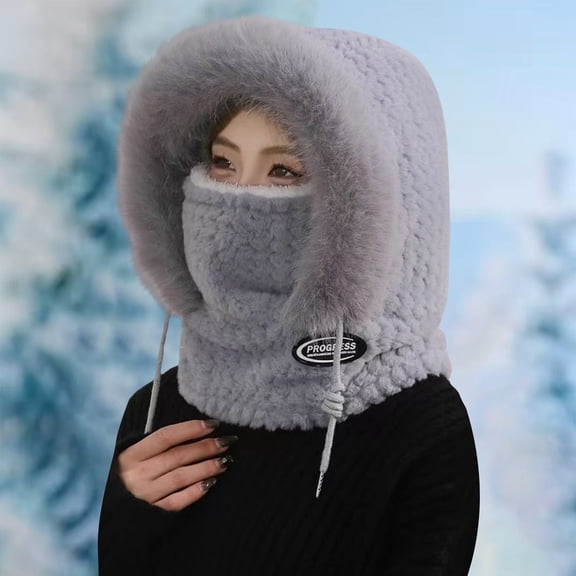 2025 New Women's Balaclava Hat, Integrated Fleece Lined Hat Scarf and Face Mask, Winter Hat with Faux Fur Trim for Cold Weather Skiing and Outdoor - Light Ashy