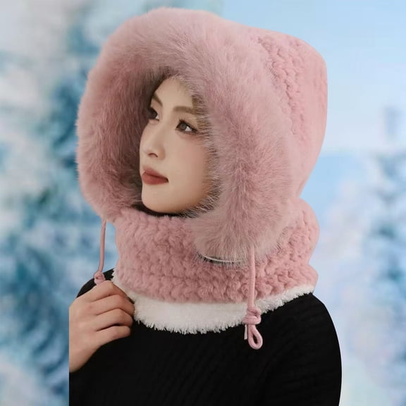 2025 New Women's Balaclava Hat, Integrated Fleece Lined Hat Scarf and Face Mask, Winter Hat with Faux Fur Trim for Cold Weather Skiing and Outdoor - Light Pink