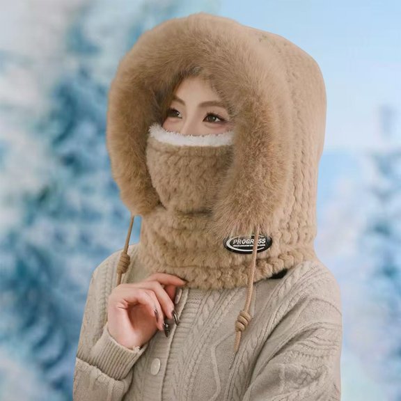 2025 New Women's Balaclava Hat, Integrated Fleece Lined Hat Scarf and Face Mask, Winter Hat with Faux Fur Trim for Cold Weather Skiing and Outdoor - Rose Gold