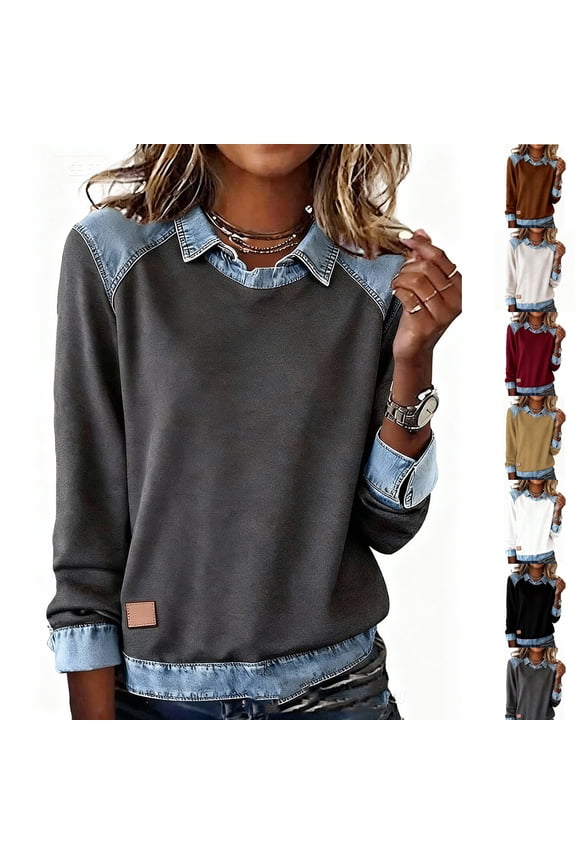 2025 New Women's Denim Patchwork Sweatshirts Casual Fall Loose Sweatshirt Pullover Top Color Block Shirts Black S