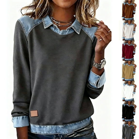 2025 New Women's Denim Patchwork Sweatshirts Casual Fall Loose Sweatshirt Pullover Top Color Block Shirts Red L