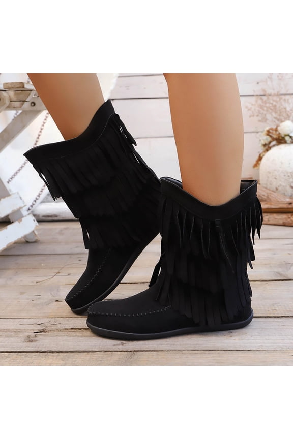 2025 New Women's Fashion Suede Tassel Cowboys Boots Classic Vintage Round Toe Slip On Western Short Dress Booties Women Fringe Mid Calf Boots Fashion Retro Casual Non-Slip Flat Wide Calf Cowgirl Boot