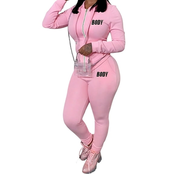 Women’s Pink 2‑Piece Hooded Zipper Set – Casual Street & Fitness Joggers, Plus Sizes, Autumn Sportswear