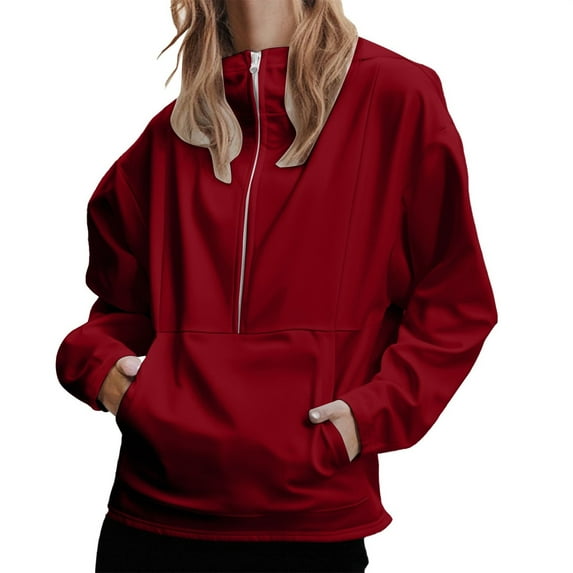 2025 New Women's Solid Color Half Zip Up Fleece Hooded Sweatshirt, Long Sleeve Oversized Pullover with Drop Shoulder and Pocket, Casual Comfort Wear for Daily Life and Outdoor Activities Wine XL