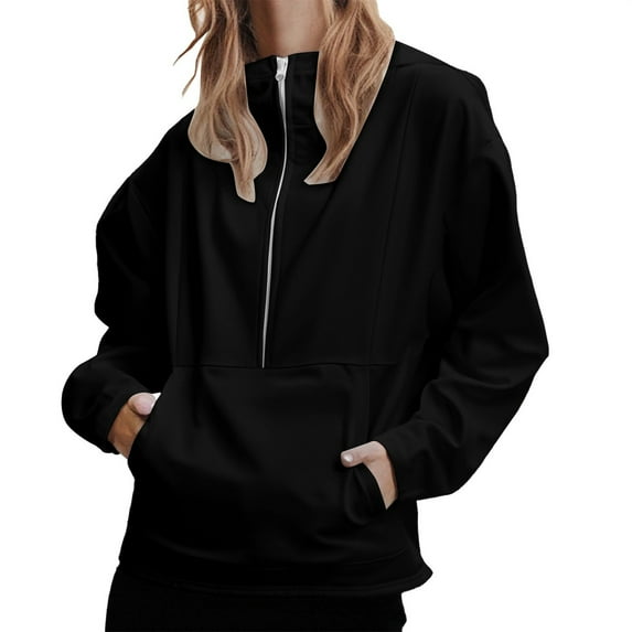 2025 New Women's Solid Color Half Zip Up Fleece Hooded Sweatshirt, Long Sleeve Oversized Pullover with Drop Shoulder and Pocket, Casual Comfort Wear for Daily Life and Outdoor Activities Black L