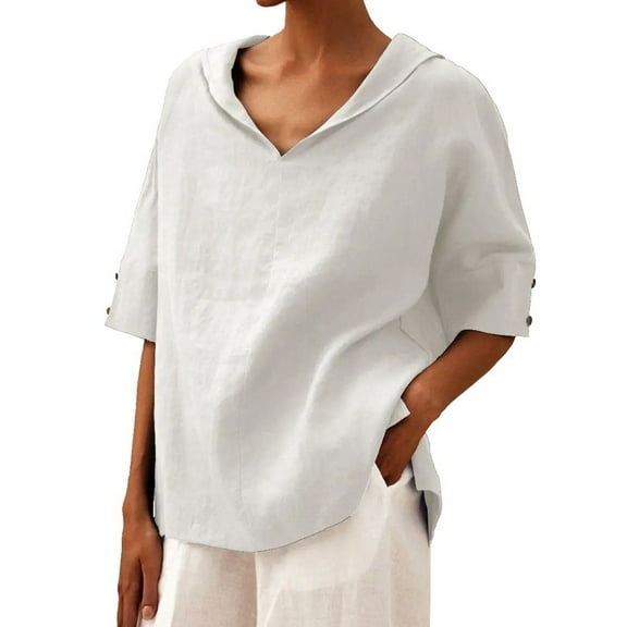 2025 New Women's Solid Color Linen Short Sleeve Top - Lightweight, Breathable - Casual/Daily/Beach Wear