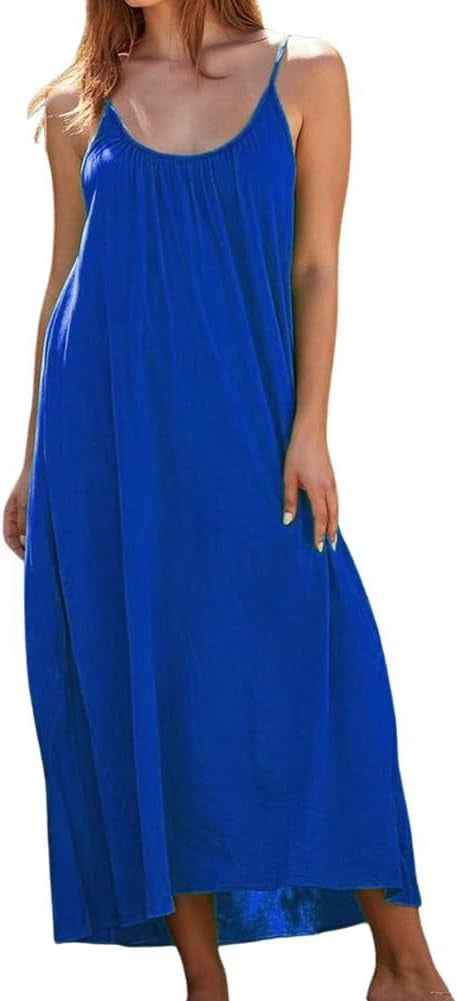 Spaghetti Strap Maxi Dress Casual Sleeveless Long Dress Loose Sundress with Pockets main image 1