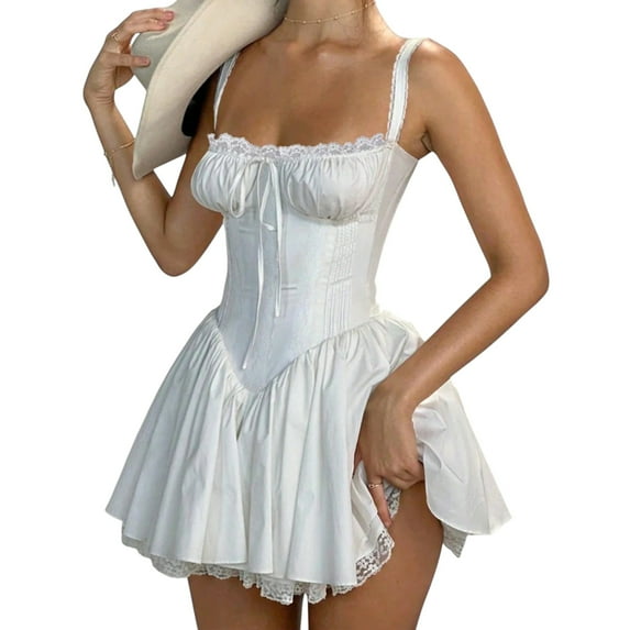 Women’s White Off-the-Shoulder Corset Mini Dress – Lace Trim Halter Summer Party Dress, Plus Size Available