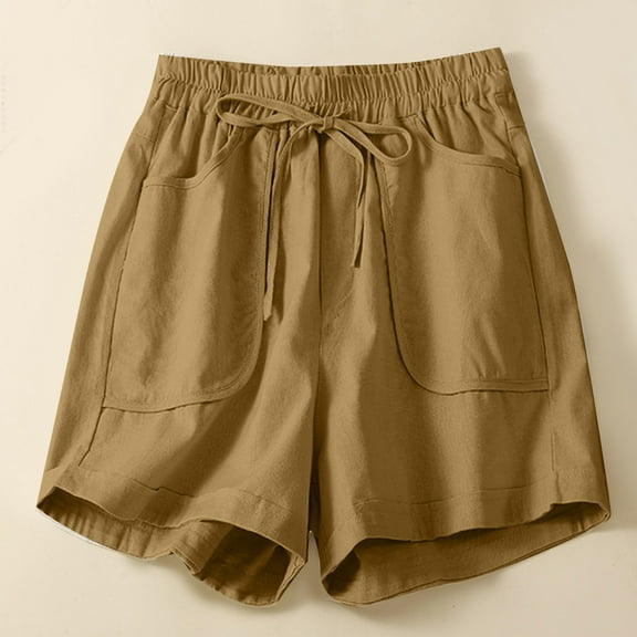 2025 New Womens Athletic Shorts Trendy Solid Shorts High Waisted Tie Front with Pocket Stretchable Linen Shorts for Women Yellow