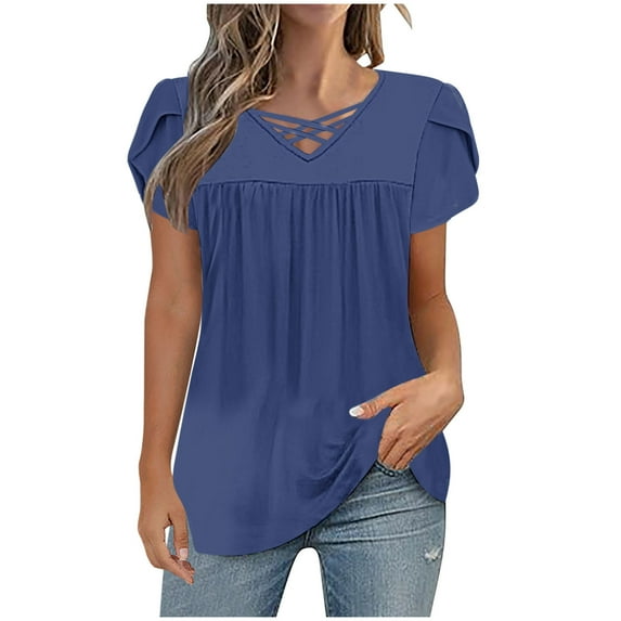 2025 New Womens Summer Tunic Tops, Loose Pleated Blouse Tee Dressy Casual Short Sleeve T-Shirts Plus Tshirts for Lady Navy 3XL