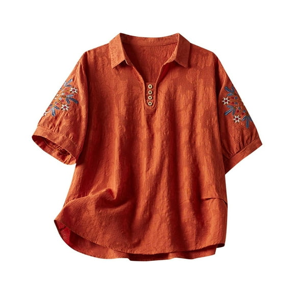2025 New Womens Tops Summer Fall Cotton Linen V Neck 3/4 Sleeve Embroidered Solid Vintage Floral Print Casual Loose Blouse,Orange,3XL