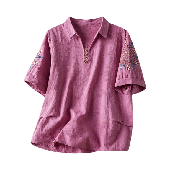 2025 New Womens Tops Summer Fall Cotton Linen V Neck 3/4 Sleeve Embroidered Solid Vintage Floral Print Casual Loose Blouse,Purple,3XL