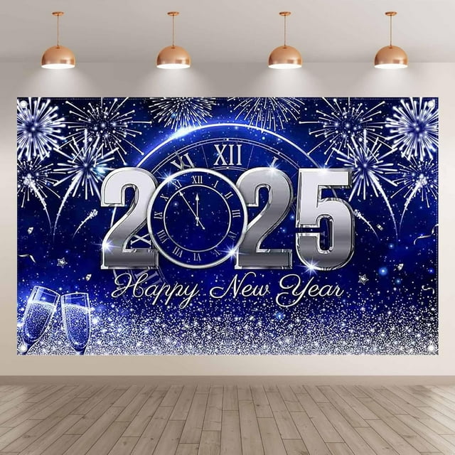 2025 New Year Backdrop Blue and Silver Glitter Fireworks Champagne