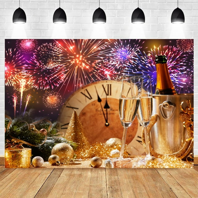 2025 New Year Backdrop Glitter Firework Balloons Clock Champagne Wine