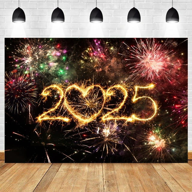 2025 New Year Backdrop Glitter Firework Balloons Clock Champagne Wine