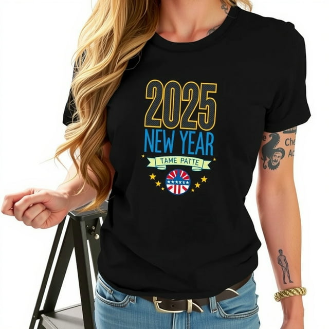 2025 New Year Black TShirt for Women Bold Graphic Design with 'Tame