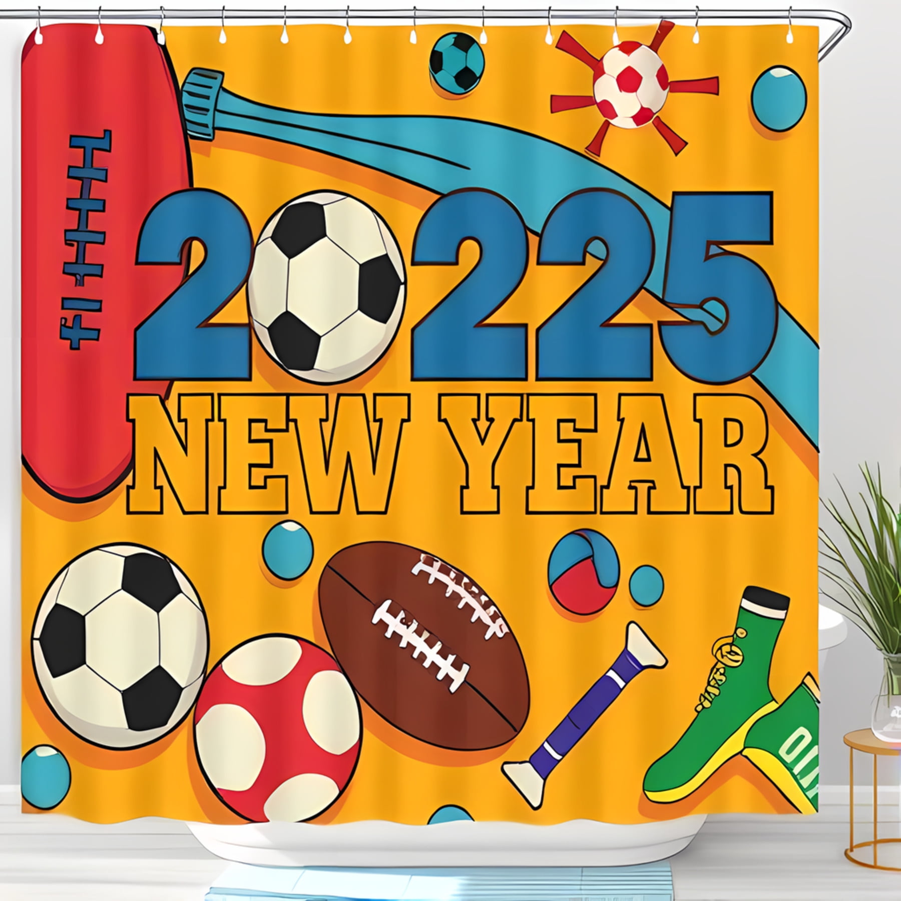 2025 New Year Vibrant Shower Curtain with Cartoon Sports Balls