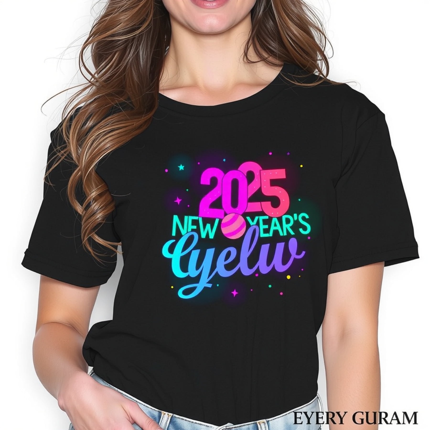 2025 New Year's Black TShirt for Women Pink & Purple Design with
