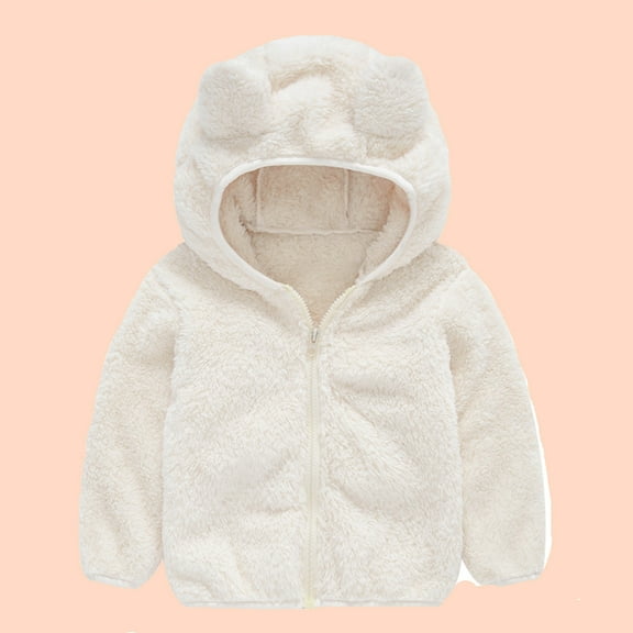 2025 Newborn Baby Girls Boys Fleece Hooded Coat Faux Fur Zip Up Long Sleeve Sherpa Jacket Fall Winter Outerwear White,12-18 Months