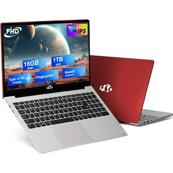 2025 Newest Laptop, 15.6-Inch FHD Display Laptop 16GB RAM 1TB with Intel Quad Core-12th N100(Up to 3.4GHz), ROM Business Laptop Computer, Fingerprint, Type C, Windows 11 Home, Red