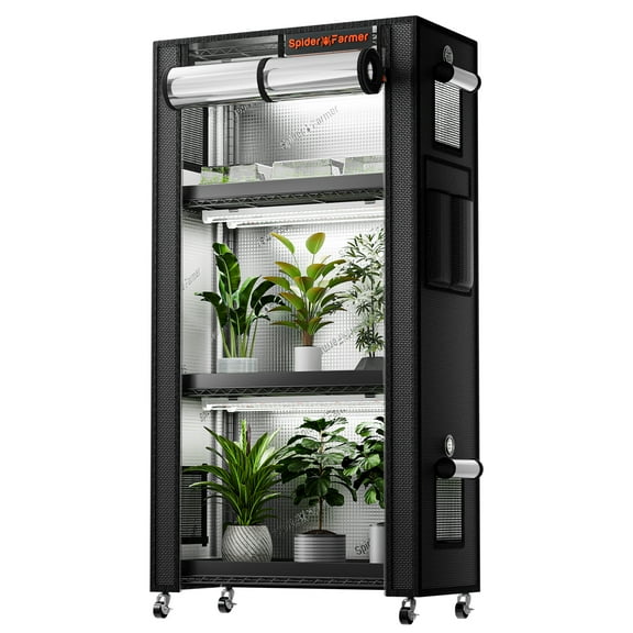 2025 Newest Version Spider Farmer 4 Tier Plant Stand With Grow Lights 108W , Plant Shelf with 1680D Grow Tent for Indoor Plant,Cloning and Greenhouse
