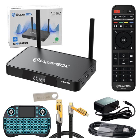 2025 Newest Version Superbox S6pro Fully Loaded, Authorised 4G+32G S6 PRO Super Box with 1*Voice Remote, 1*Mini Keyboard, 1*64G USB Drive, 1*USB Cable