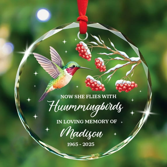 2025 Now She Flies with Hummingbirds in Loving Memory Glass Ornament, Personalized Memorial Loved One Christmas Ornament, Sympathy Hummingbird Glass Ornaments, Custom Name Remembrance Christmas Decor