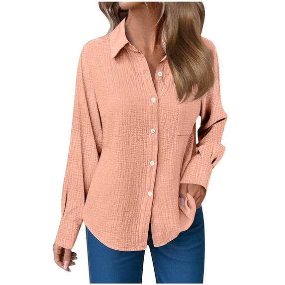 2025 Office Work Blouse Women Solid Basic Shirts Dressy Casual Lapel Neck Long Sleeve Button Down Shirt with Pockets