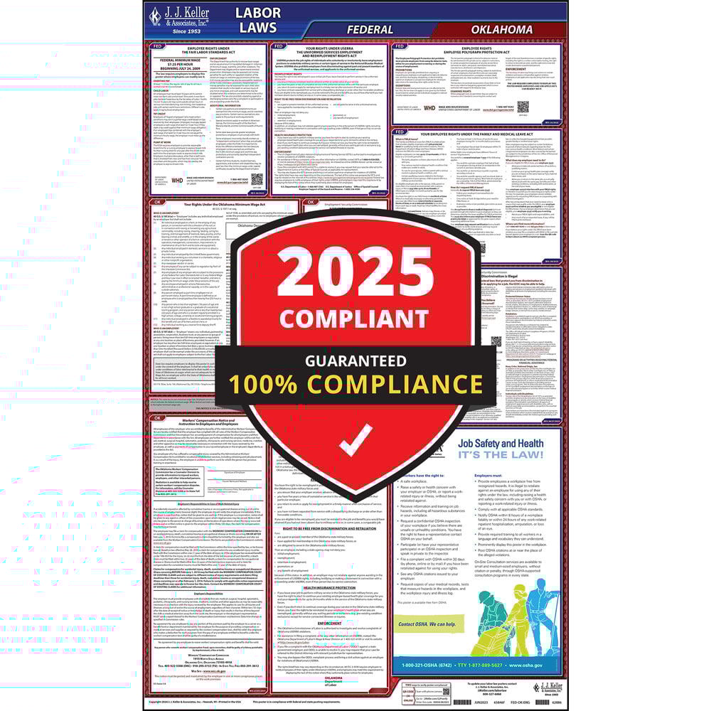 2025 Oklahoma Labor Law Poster, All-in-One Compliant OK State & Federal Laminated Poster (24" x 40" English)